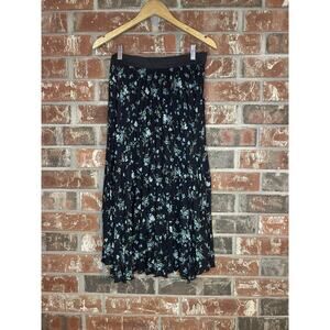 CeCe Black Floral Pleated A-line Midi Skirt Medium Elastic Waste Office Church